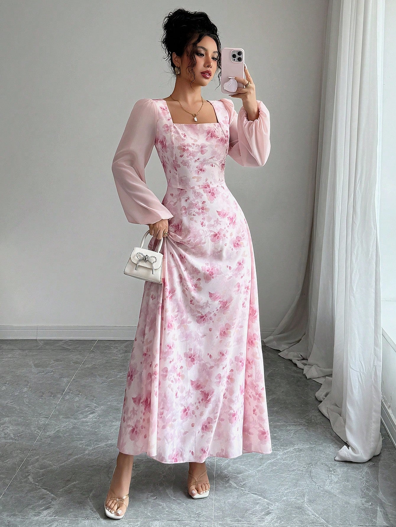 pink long sleeve dress shein GENKIRA Ladies' Pink Long Sleeve Dress