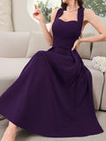 SHEIN Modelyn Women's Solid Backless Purple Dress, Elegant Sleeveless Long Evening Dresses