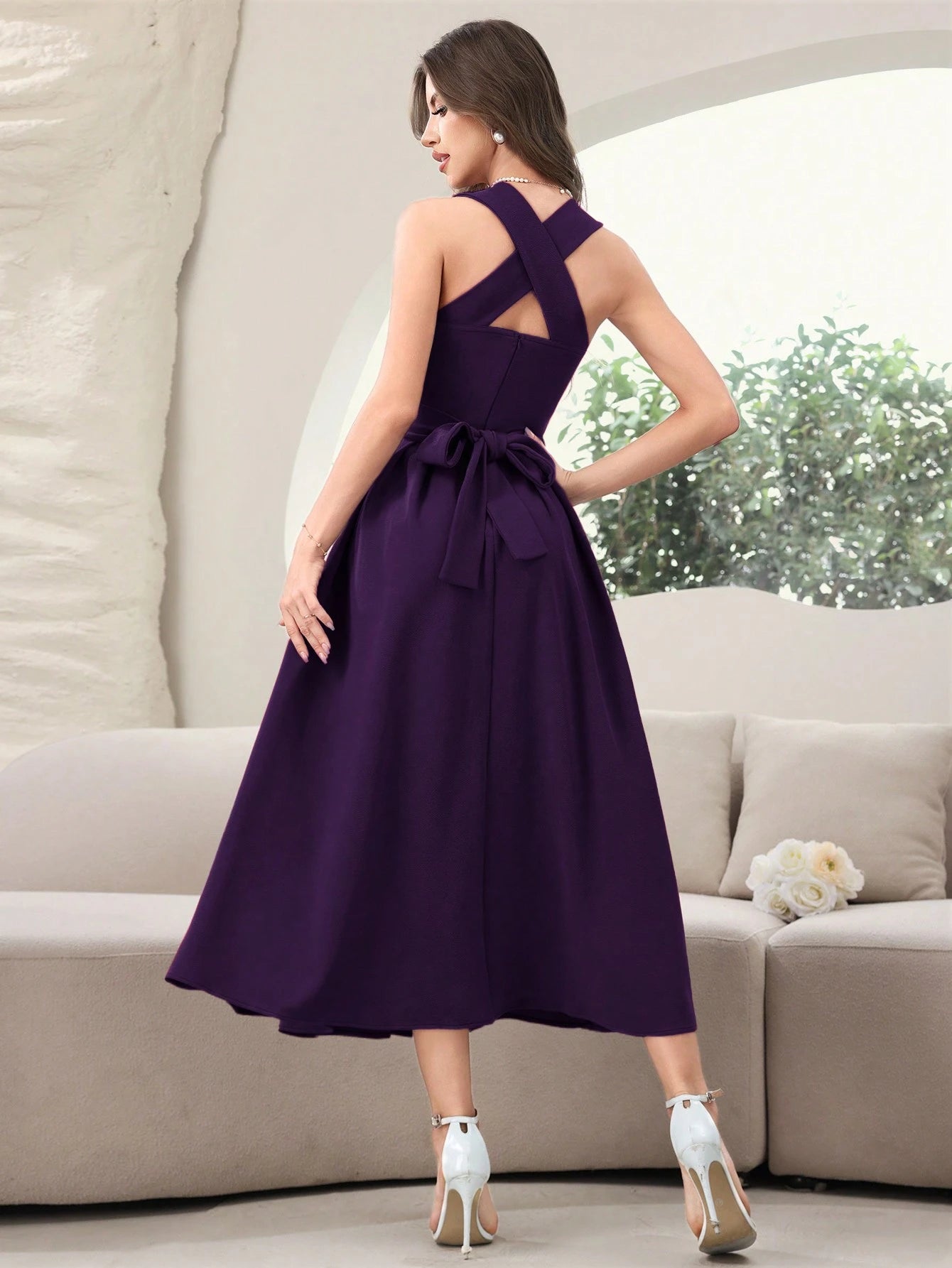 SHEIN Modelyn Women's Solid Backless Purple Dress, Elegant Sleeveless Long Evening Dresses