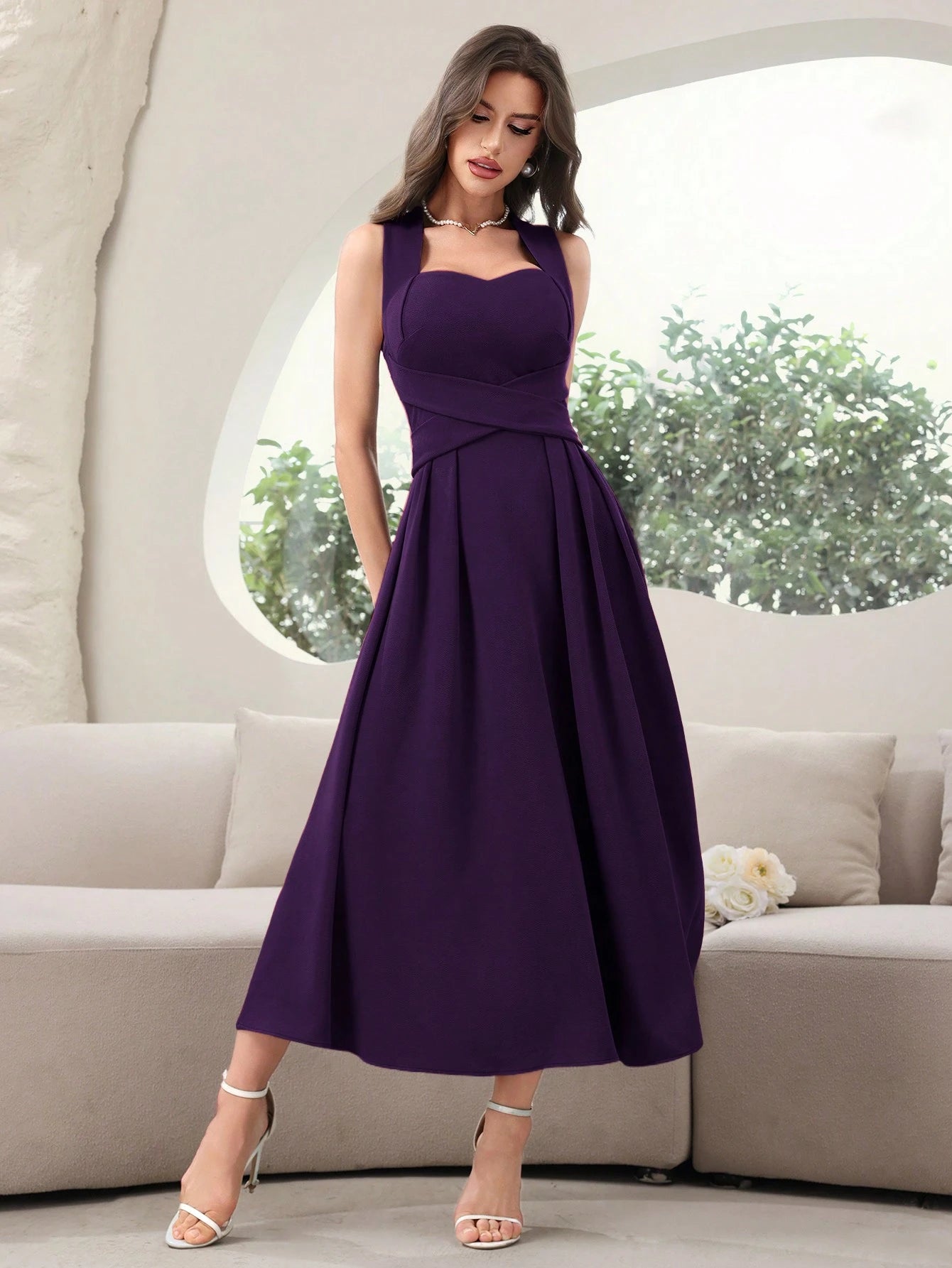 shein purple dress long SHEIN Extra-long Sleeve Lace Detail Satin Dress