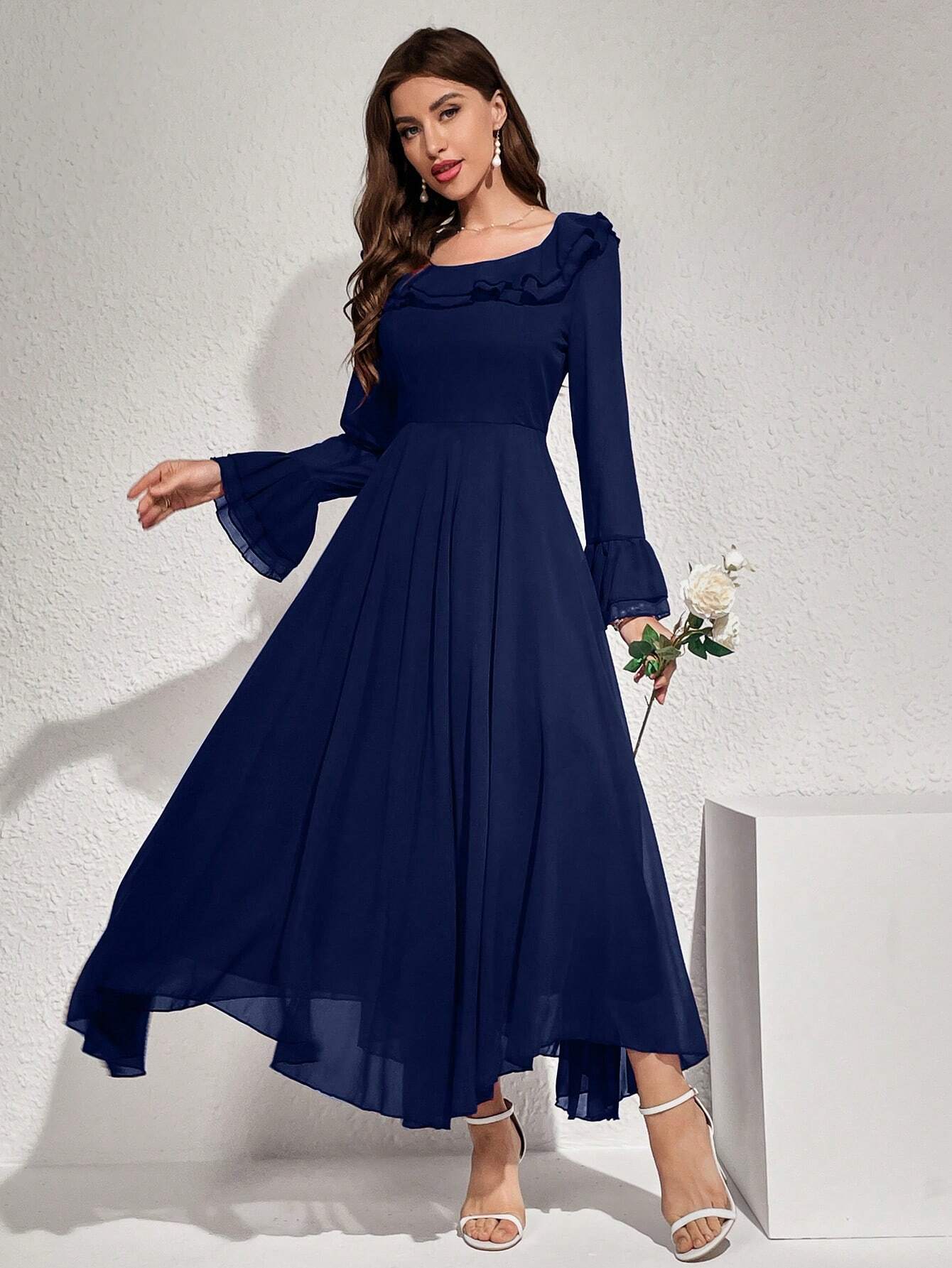 SHEIN Modelyn Women's Solid Color Simple Daily Long Sleeve Dress Maxi | Dress