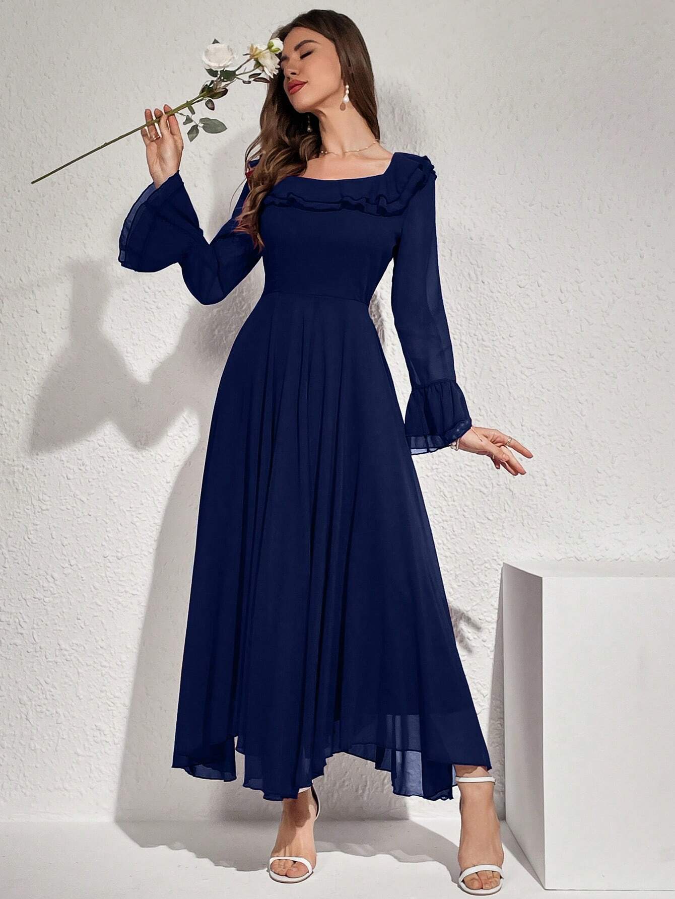 SHEIN Modelyn Women's Solid Color Simple Daily Long Sleeve Dress Maxi | Dress