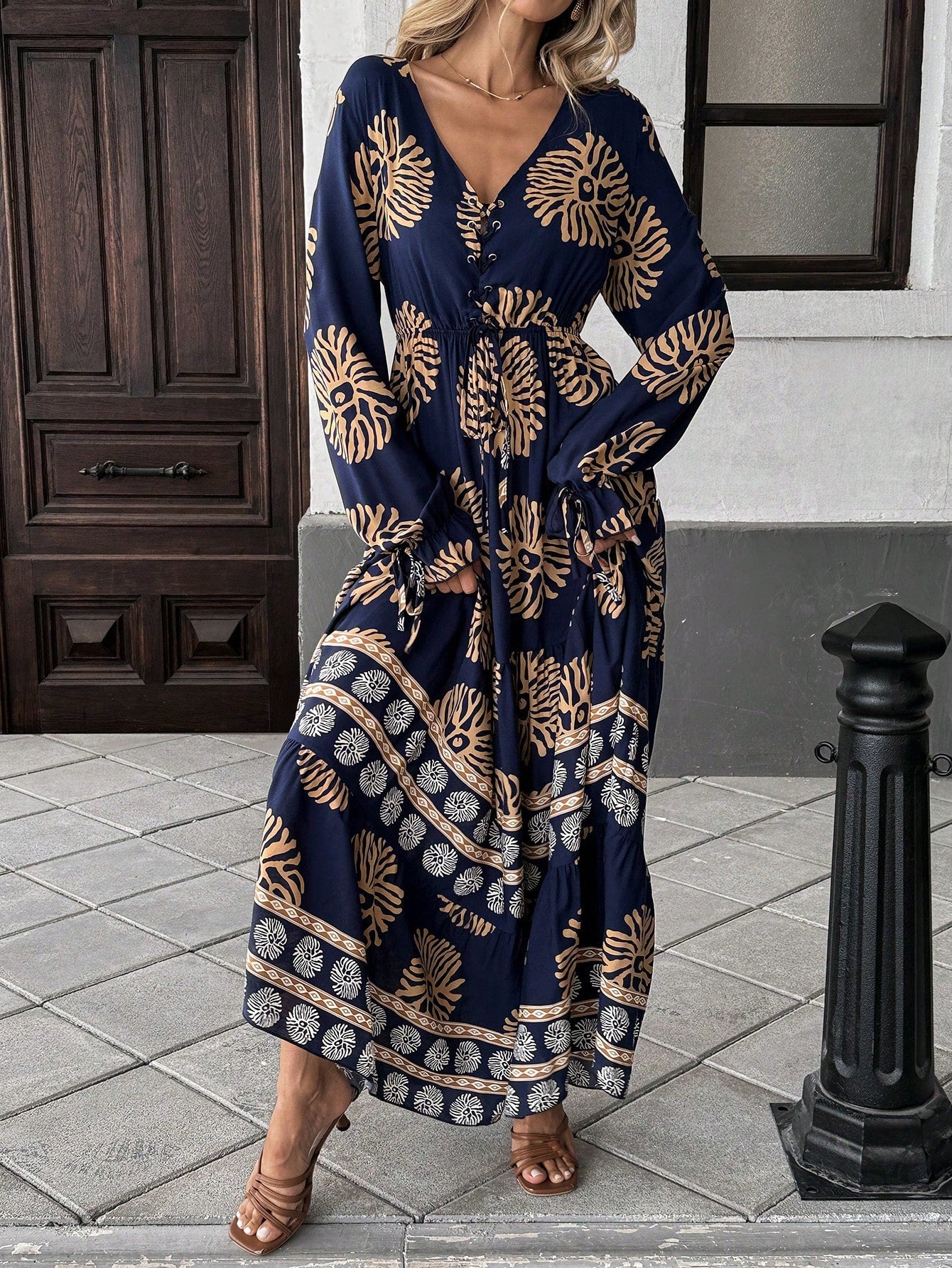SHEIN Mulvari Front Lace Up Long Sleeve Pleated All-Over Print Maxi Ca | Dress | OneHub SHEIN Mulvari Front Lace Up Long Sleeve Pleated All-Over Print Maxi Ca | Dress | OneHub