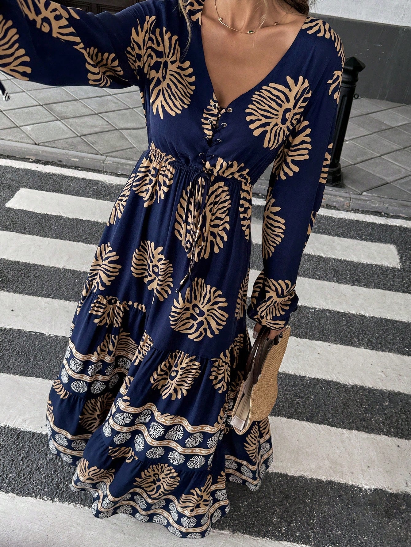 SHEIN Mulvari Front Lace Up Long Sleeve Pleated All-Over Print Maxi Ca | Dress | OneHub SHEIN Mulvari Front Lace Up Long Sleeve Pleated All-Over Print Maxi Ca | Dress | OneHub
