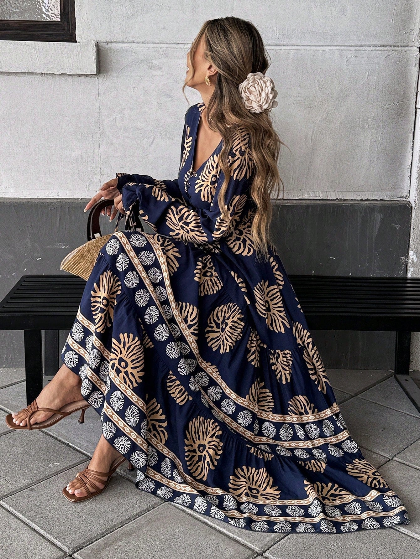 SHEIN Mulvari Front Lace Up Long Sleeve Pleated All-Over Print Maxi Ca | Dress | OneHub SHEIN Mulvari Front Lace Up Long Sleeve Pleated All-Over Print Maxi Ca | Dress | OneHub