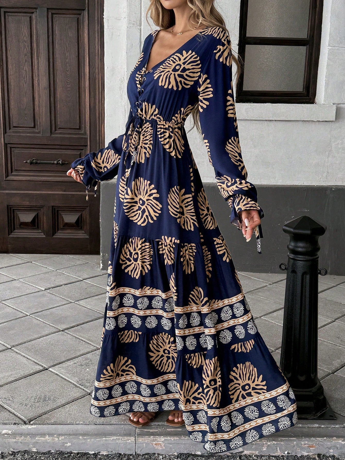 SHEIN Mulvari Front Lace Up Long Sleeve Pleated All-Over Print Maxi Ca | Dress | OneHub SHEIN Mulvari Front Lace Up Long Sleeve Pleated All-Over Print Maxi Ca | Dress | OneHub