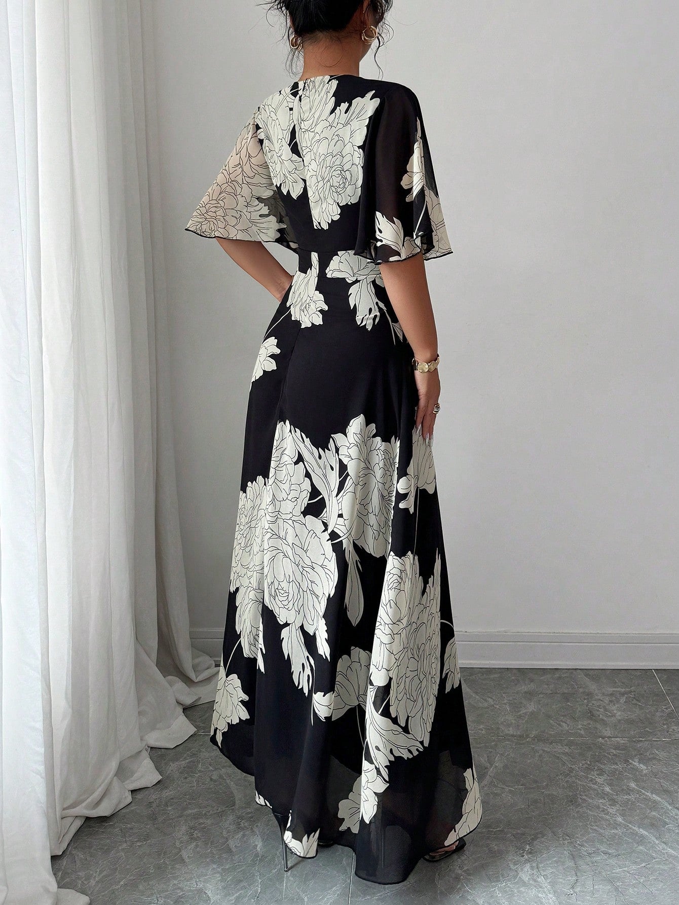  | SHEIN Mulvari Women's Elegant Spring/Summer Round Neck Ruffle Flare Sleeve Fitted Flowy Chiffon Dress | Dress | Shein | OneHub