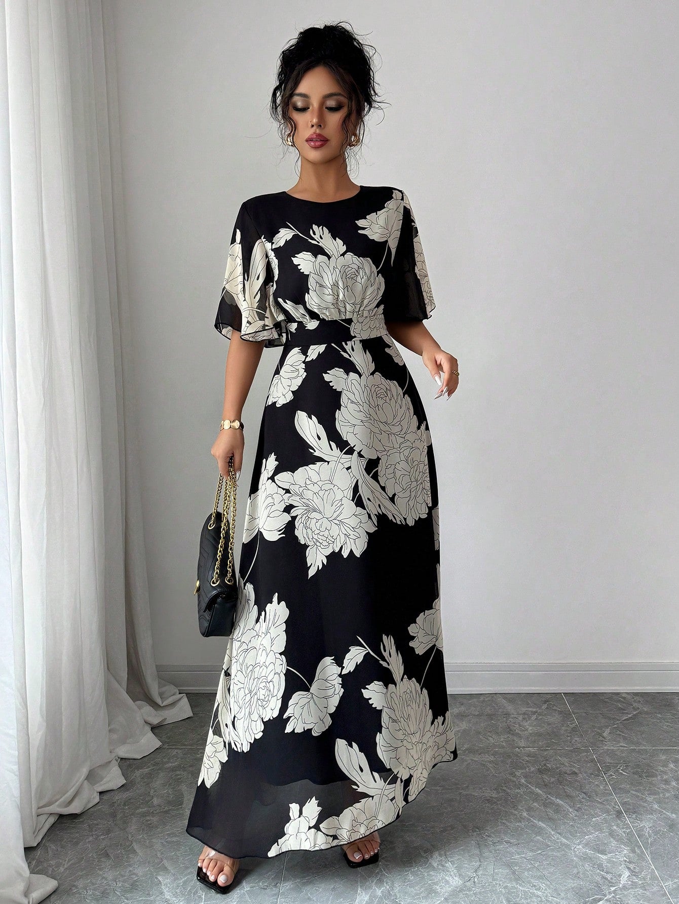  | SHEIN Mulvari Women's Elegant Spring/Summer Round Neck Ruffle Flare Sleeve Fitted Flowy Chiffon Dress | Dress | Shein | OneHub