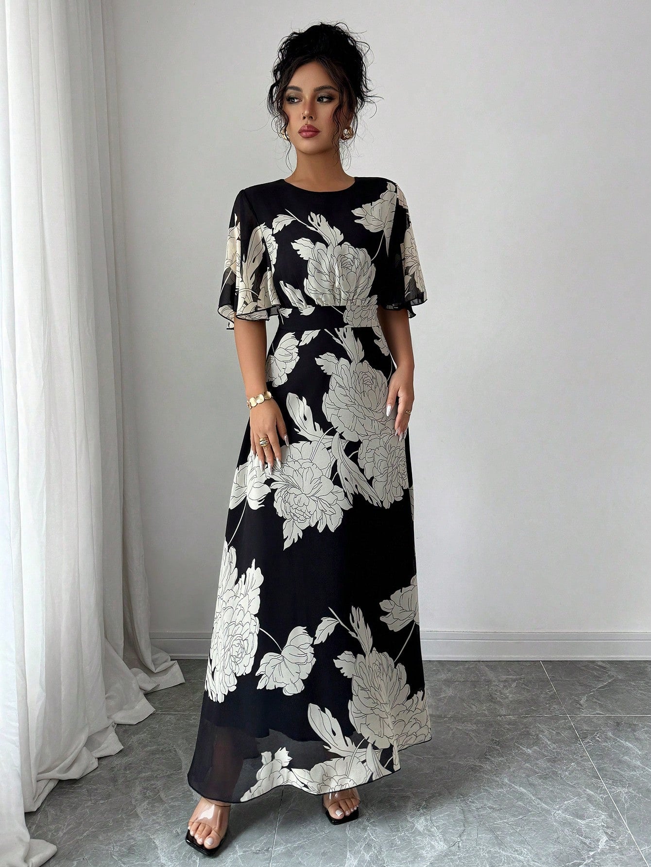  | SHEIN Mulvari Women's Elegant Spring/Summer Round Neck Ruffle Flare Sleeve Fitted Flowy Chiffon Dress | Dress | Shein | OneHub