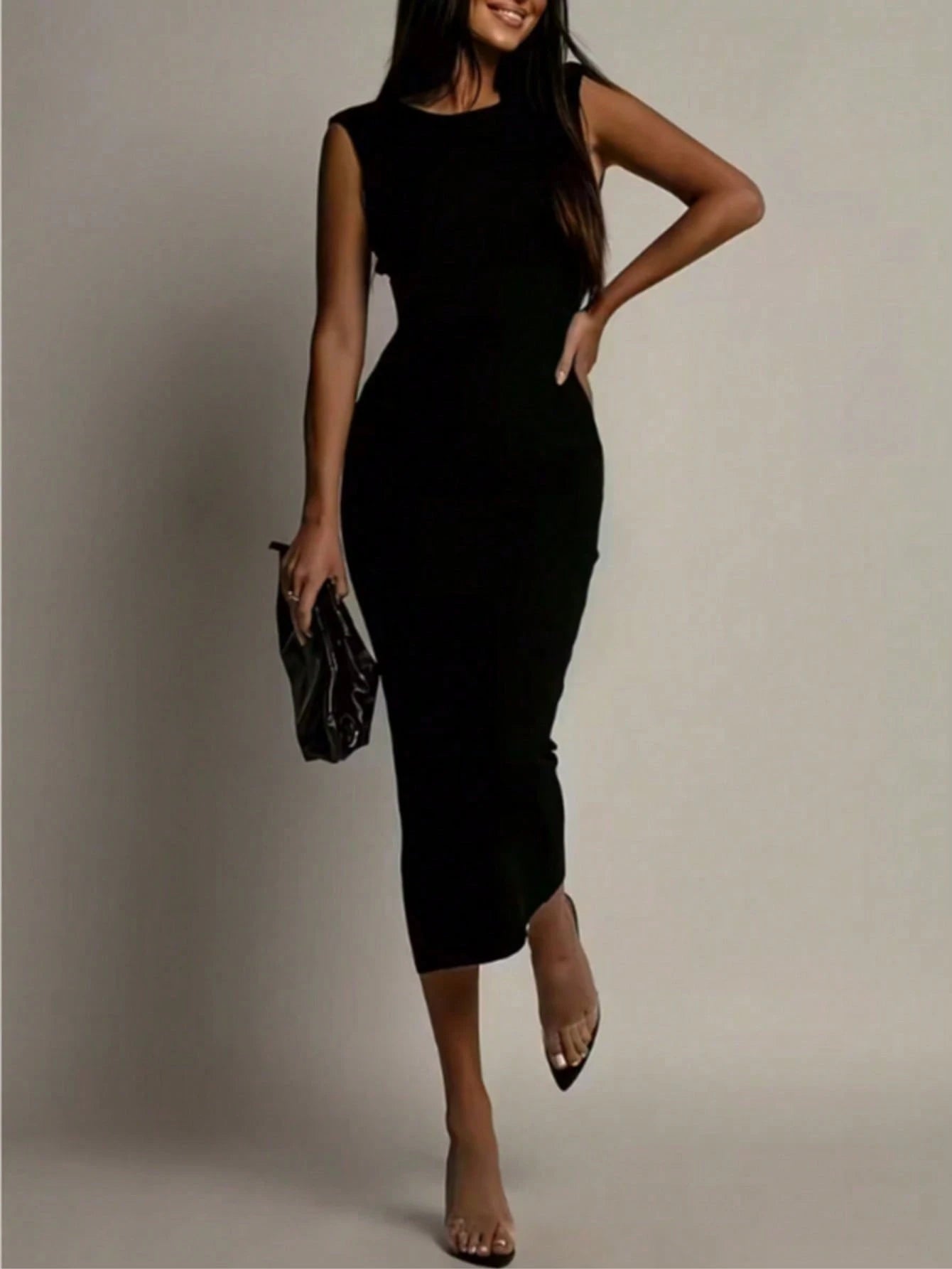 SHEIN New Women's Solid Color Fashionable Backless Fitted Bodycon Dress Elegant Party Black Summer