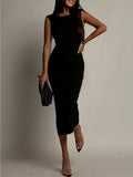 SHEIN New Women's Solid Color Fashionable Backless Fitted Bodycon Dress Elegant Party Black Summer