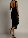 SHEIN New Women's Solid Color Fashionable Backless Fitted Bodycon Dress Elegant Party Black Summer