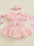 SHEIN Newborn Baby Girl Romper Dress Short Sleeve Mesh Tutu Dress Lace Mesh Dress Bodysuits With Headband Sets