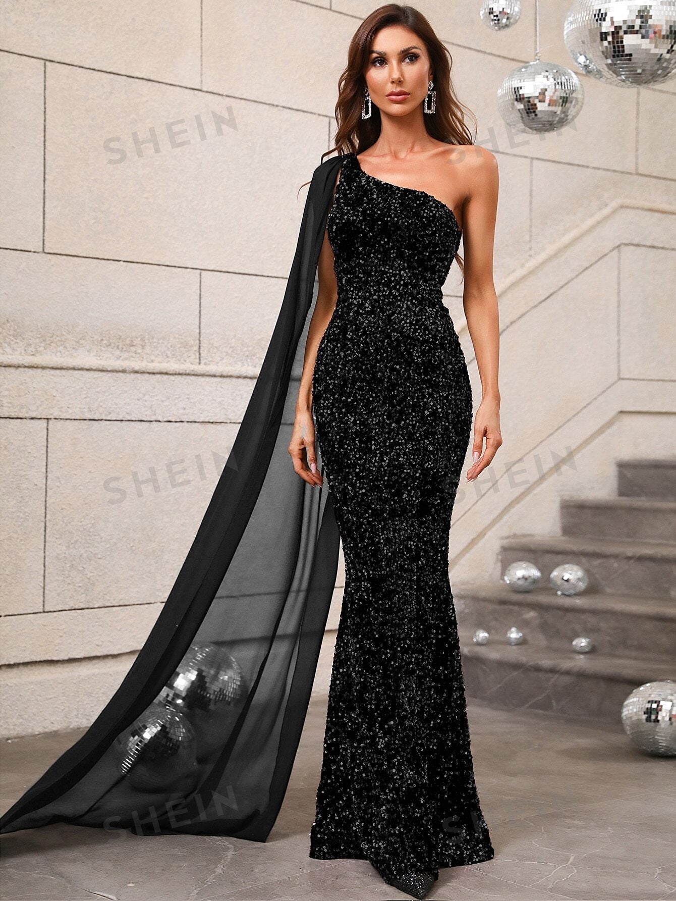 SHEIN One Shoulder Contrast Mesh Cloak Sleeve Sequins Prom Dress | Dress SHEIN One Shoulder Contrast Mesh Cloak Sleeve Sequins Prom Dress | Dress