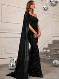  | SHEIN One Shoulder Contrast Mesh Cloak Sleeve Sequins Prom Dress | Dress | Shein | OneHub