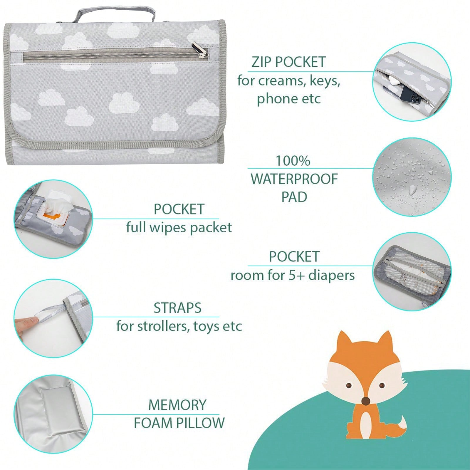 SHEIN Outdoor Travel Mommy Bag, Newborn Baby Gift Portable Diaper Changing Pad, Travel Baby Diaper Changing Mat With Wet Wipes Bag, Waterproof Portable Diaper Changing Pad For Newborn Baby Girl And Boy, Boho Rainbow Sun