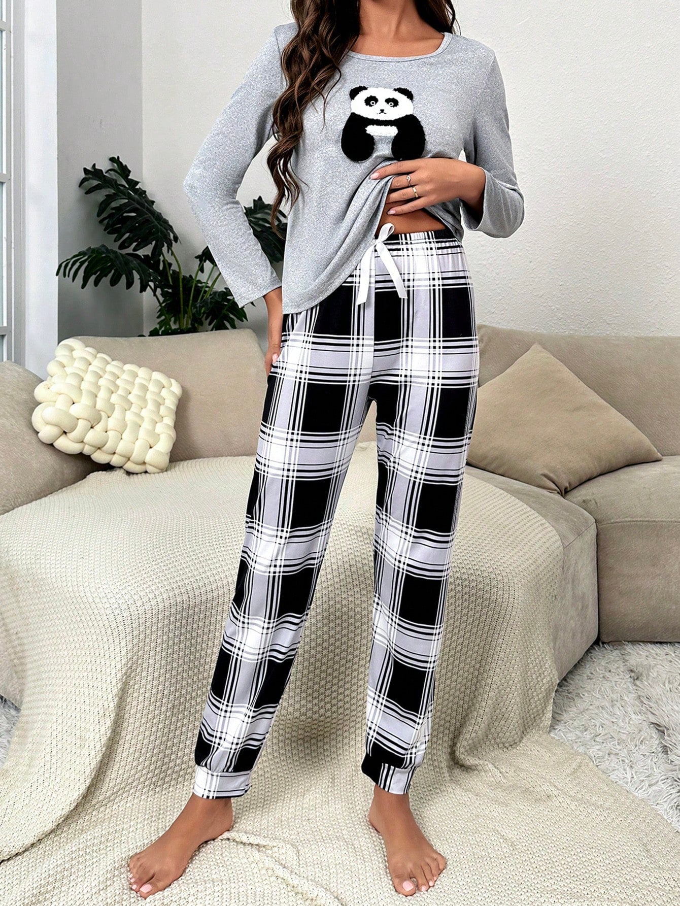  | SHEIN Panda Embroidery Tee & Plaid Print Pants PJ Set | PJ Set | Shein | OneHub