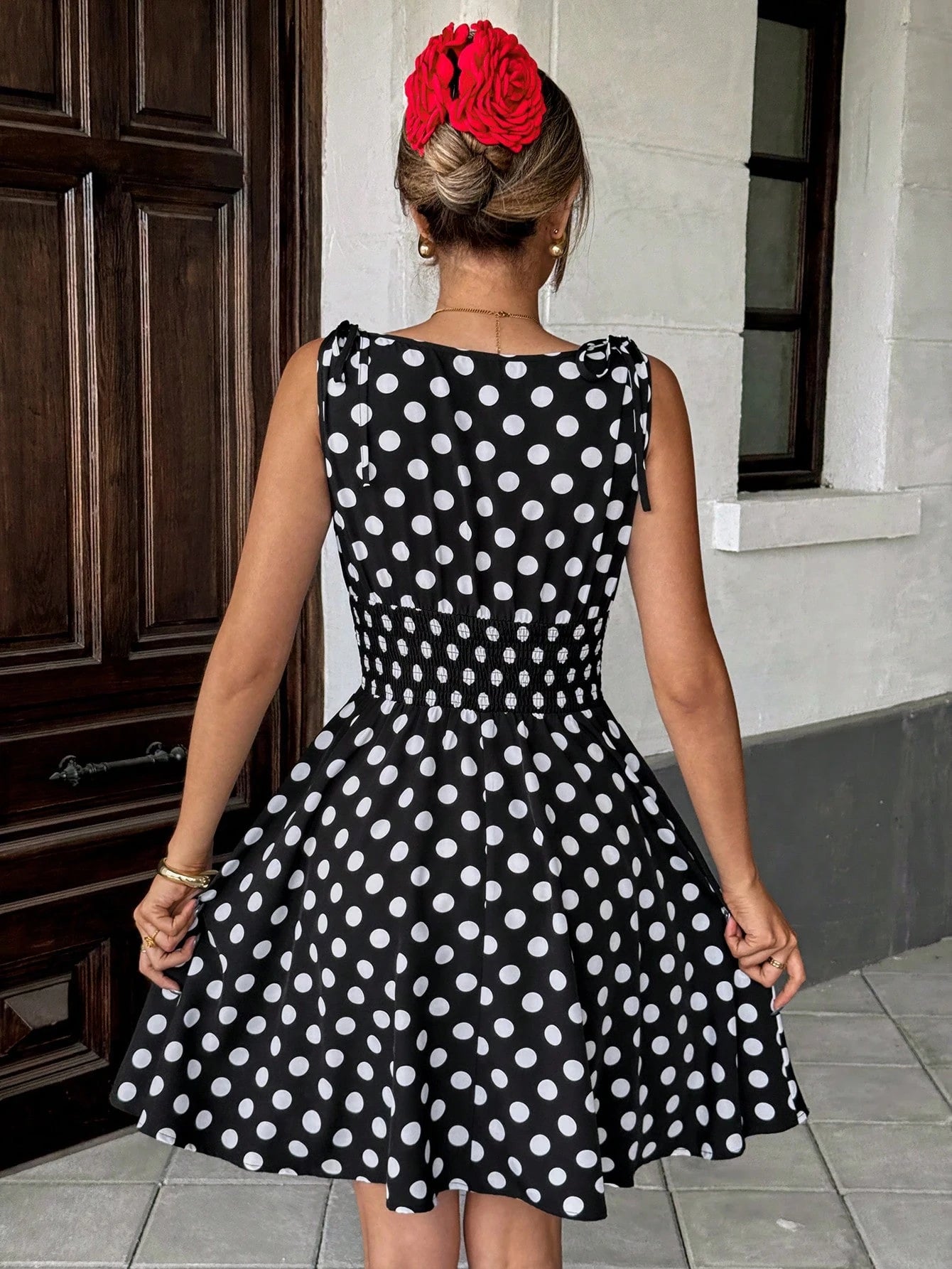 SHEIN Pariaura Black & White Polka Dot Tied Waist Midi Dress For Women | Dress | OneHub SHEIN Pariaura Black & White Polka Dot Tied Waist Midi Dress For Women | Dress | OneHub