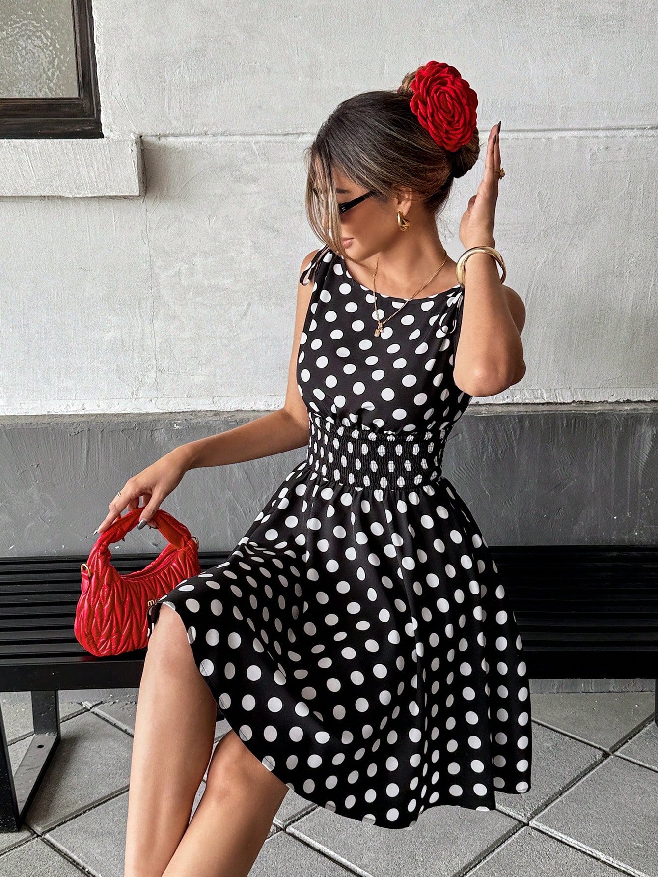 SHEIN Pariaura Black & White Polka Dot Tied Waist Midi Dress For Women | Dress SHEIN Pariaura Black & White Polka Dot Tied Waist Midi Dress For Women | Dress
