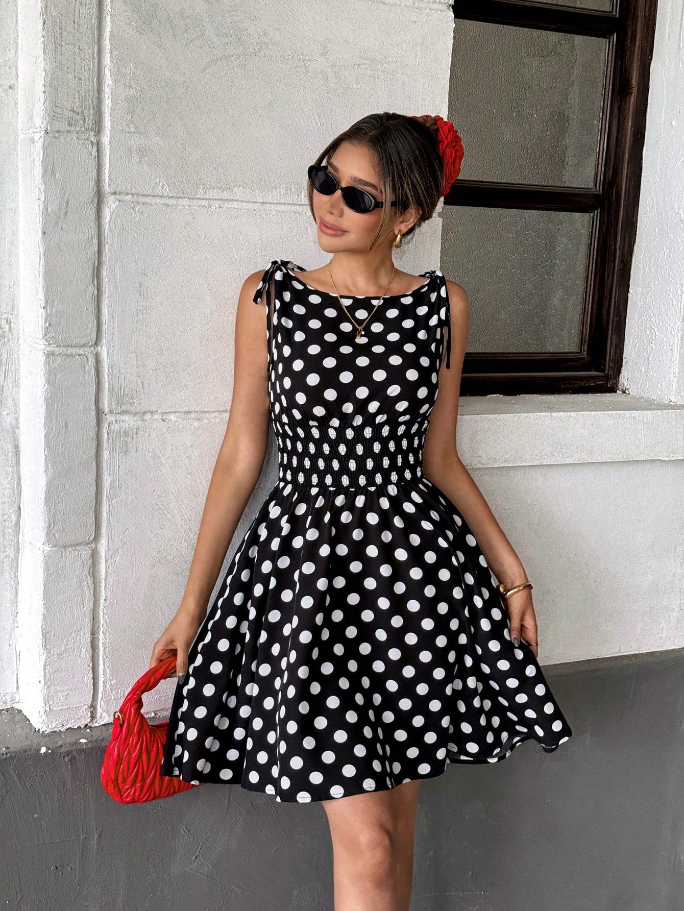 shein black and white dress SHEIN Pariaura Black & White Polka Dot Tied Waist Midi Dress For Women | Dress
