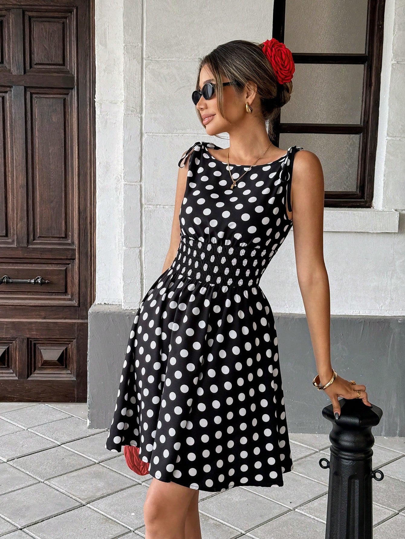 SHEIN Pariaura Black & White Polka Dot Tied Waist Midi Dress For Women | Dress