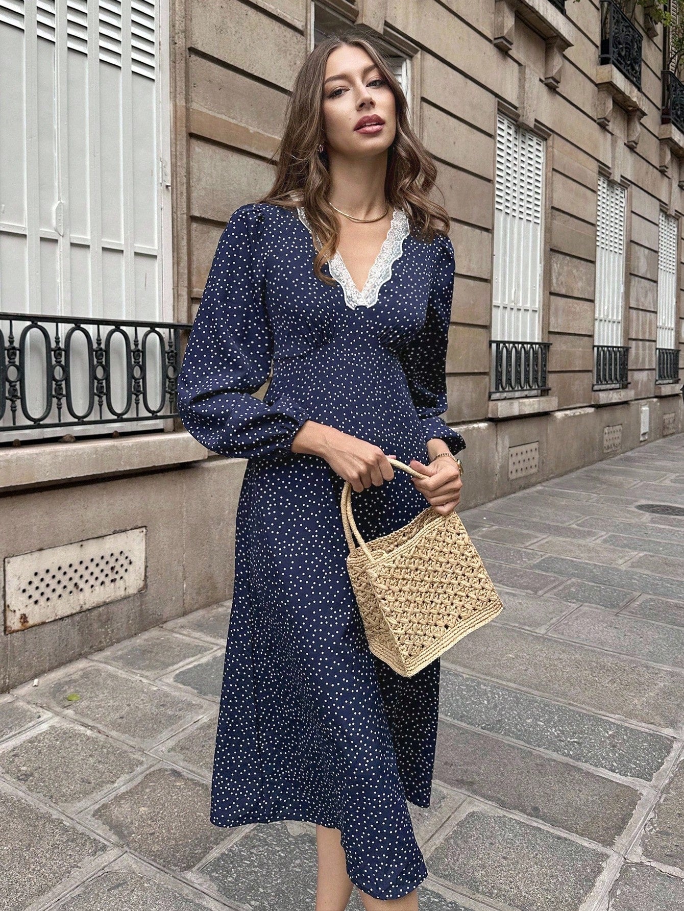 SHEIN Pariaura Fall Dress Polka Dot DressFrench Women's Polka Dot Dress With Lace Stitching Waist Design, Slimming Waist