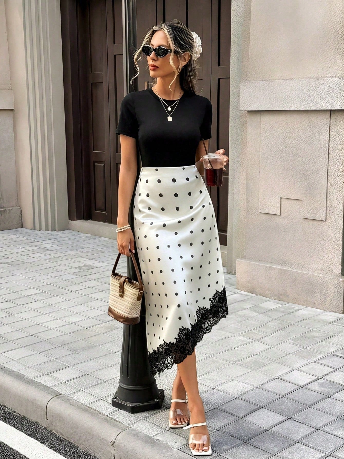 SHEIN Pariaura Retro Polka Dot Lace Asymmetrical Satin Skirt, Suitable For Urban Commute, Dates, Light Social Occasions, Gentle And Elegant Style