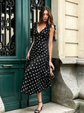 SHEIN Pariaura Women's V-Neck Black And White Polka Dot Casual Elegant Party Brunch Date Midi Dress Summer