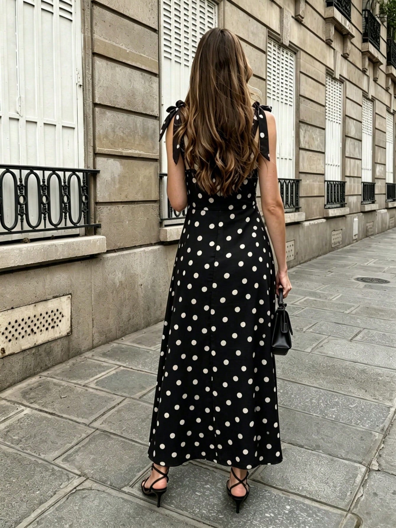 SHEIN Pariaura Women's V-Neck Black And White Polka Dot Casual Elegant Party Brunch Date Midi Dress Summer