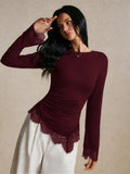 SHEIN Poéselle Eyelash Lace Trim Ruched Tee
