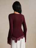 SHEIN Poéselle Eyelash Lace Trim Ruched Tee
