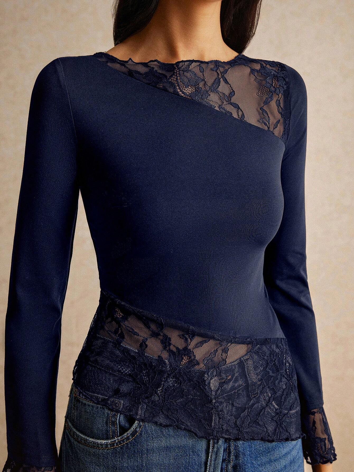  | SHEIN Poéselle Asymmetric Lace Long Sleeve T-Shirt With Hem Splicing And Flutter Design | Top | Shein | OneHub