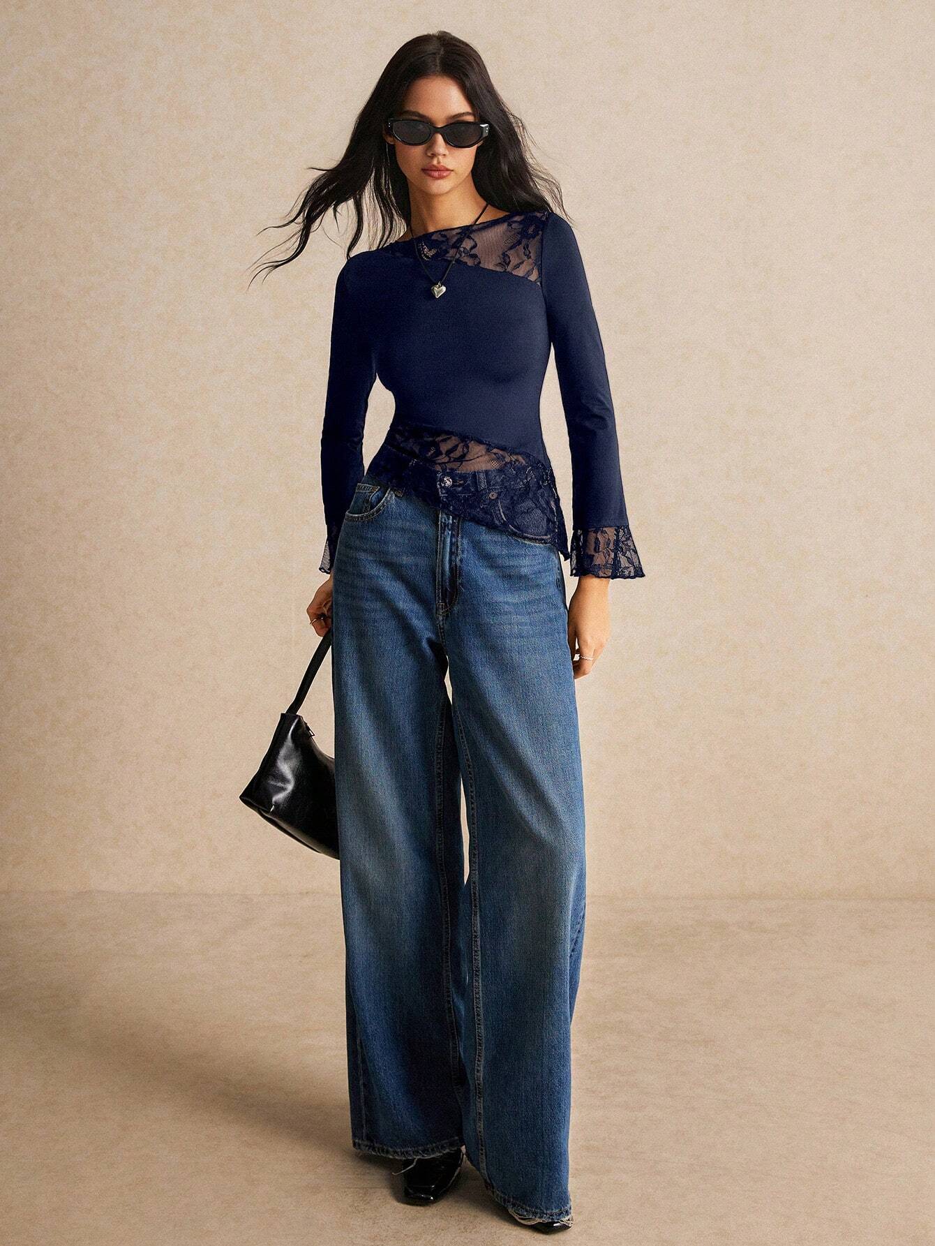  | SHEIN Poéselle Asymmetric Lace Long Sleeve T-Shirt With Hem Splicing And Flutter Design | Top | Shein | OneHub