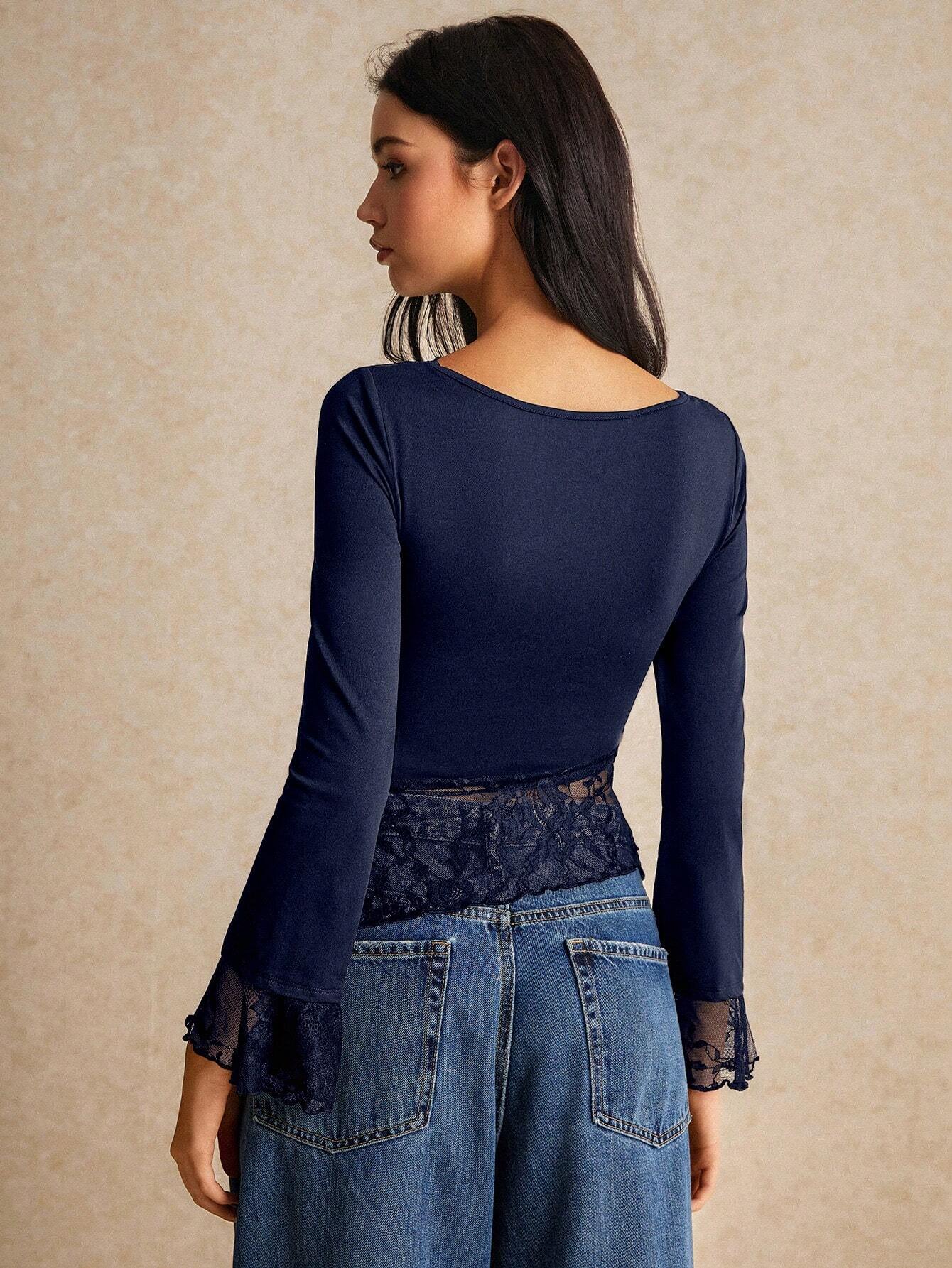  | SHEIN Poéselle Asymmetric Lace Long Sleeve T-Shirt With Hem Splicing And Flutter Design | Top | Shein | OneHub