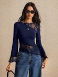  | SHEIN Poéselle Asymmetric Lace Long Sleeve T-Shirt With Hem Splicing And Flutter Design | Top | Shein | OneHub
