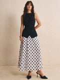 SHEIN Poéselle Women's 2PCS Summer Elegant Solid Color Tie Waist Tank Top & Polka Dot Print Skirt 2-Piece Set Summer Outfits Going Out Outfits Elegant