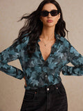 SHEIN Poéselle Women's Autumn Leaf Print Long Sleeve Single Breasted Casual Shirt