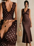 SHEIN Poéselle Women's Contrast Lace Brown And White Polka Dot Sleeveless Elegant Summer Holiday Vacation 1920s Vintage Maxi Dress,Casual Work Tea Party Outfits