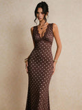 SHEIN Poéselle Women's Contrast Lace Brown And White Polka Dot Sleeveless Elegant Summer Holiday Vacation 1920s Vintage Maxi Dress,Casual Work Tea Party Outfits