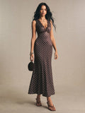 SHEIN Poéselle Women's Contrast Lace Brown And White Polka Dot Sleeveless Elegant Summer Holiday Vacation 1920s Vintage Maxi Dress,Casual Work Tea Party Outfits