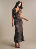SHEIN Poéselle Women's Contrast Lace Brown And White Polka Dot Sleeveless Elegant Summer Holiday Vacation 1920s Vintage Maxi Dress,Casual Work Tea Party Outfits