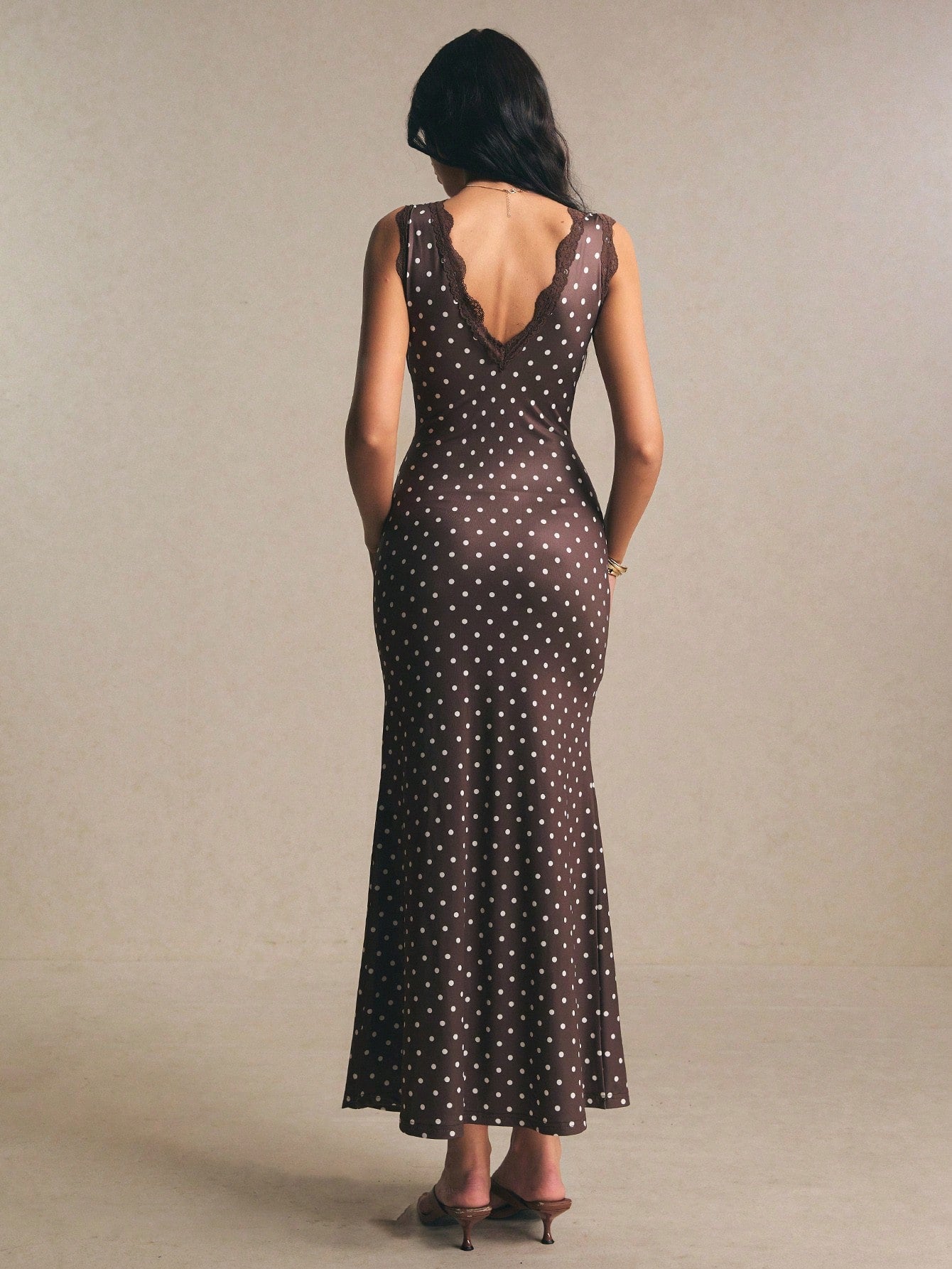 SHEIN Poéselle Women's Contrast Lace Brown And White Polka Dot Sleeveless Elegant Summer Holiday Vacation 1920s Vintage Maxi Dress,Casual Work Tea Party Outfits