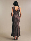 SHEIN Poéselle Women's Contrast Lace Brown And White Polka Dot Sleeveless Elegant Summer Holiday Vacation 1920s Vintage Maxi Dress,Casual Work Tea Party Outfits