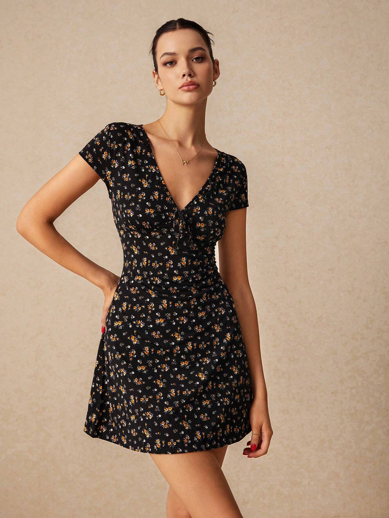 cute dresses shein SHEIN Poéselle Women's Fashion Sweet V-Neck Floral Print A-Line Dress | Dress