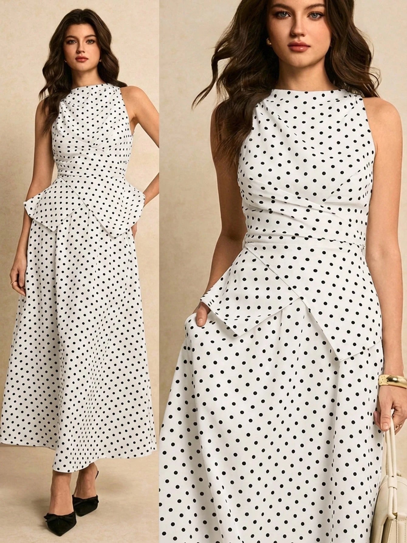 SHEIN Poéselle Women's Polka Dot Pattern Waist Cinched Sleeveless Top And Skirt Elegant 2 Pieces Set Party White With Black Polka Dots Summer