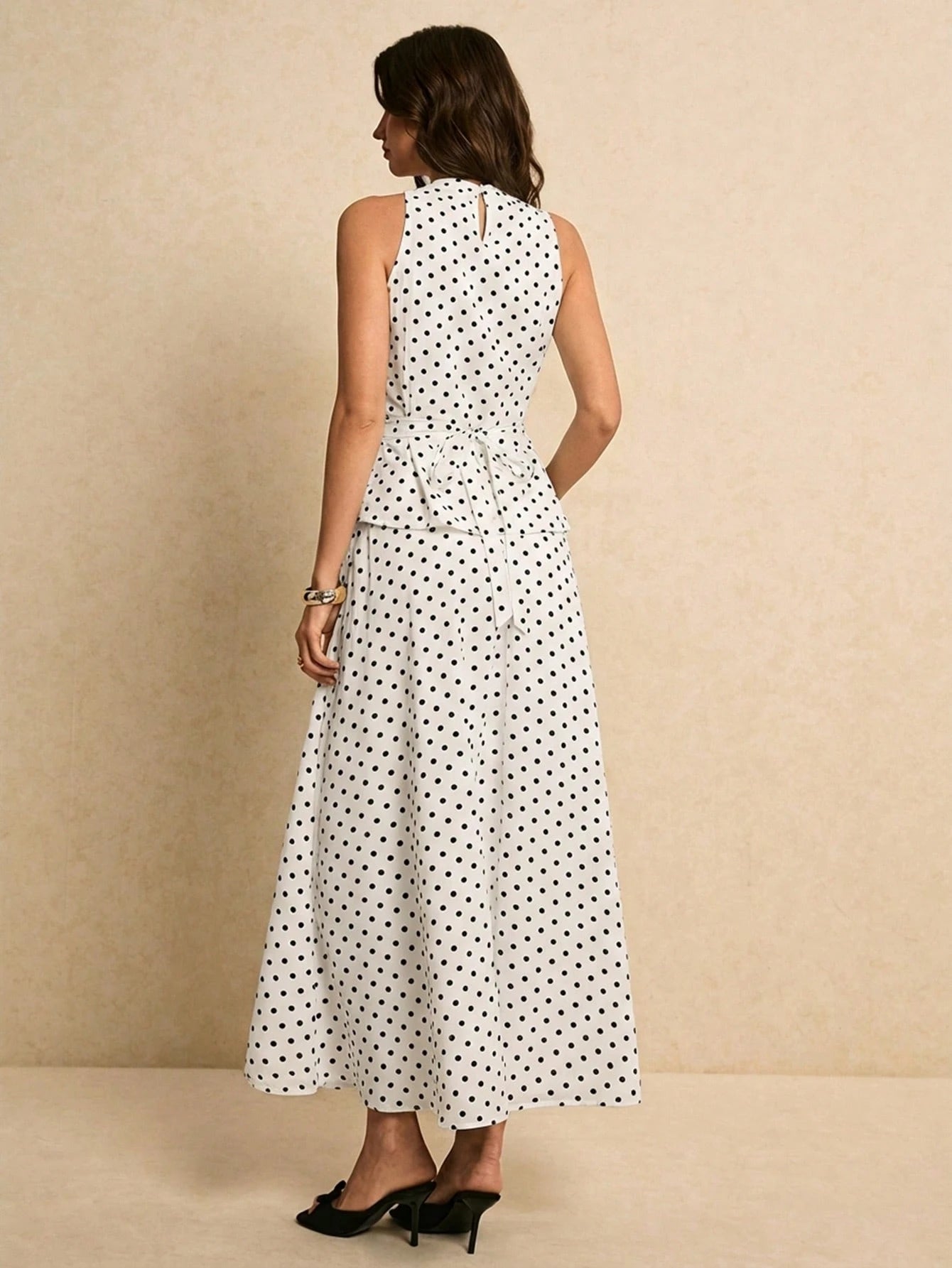 SHEIN Poéselle Women's Polka Dot Pattern Waist Cinched Sleeveless Top And Skirt Elegant 2 Pieces Set Party White With Black Polka Dots Summer
