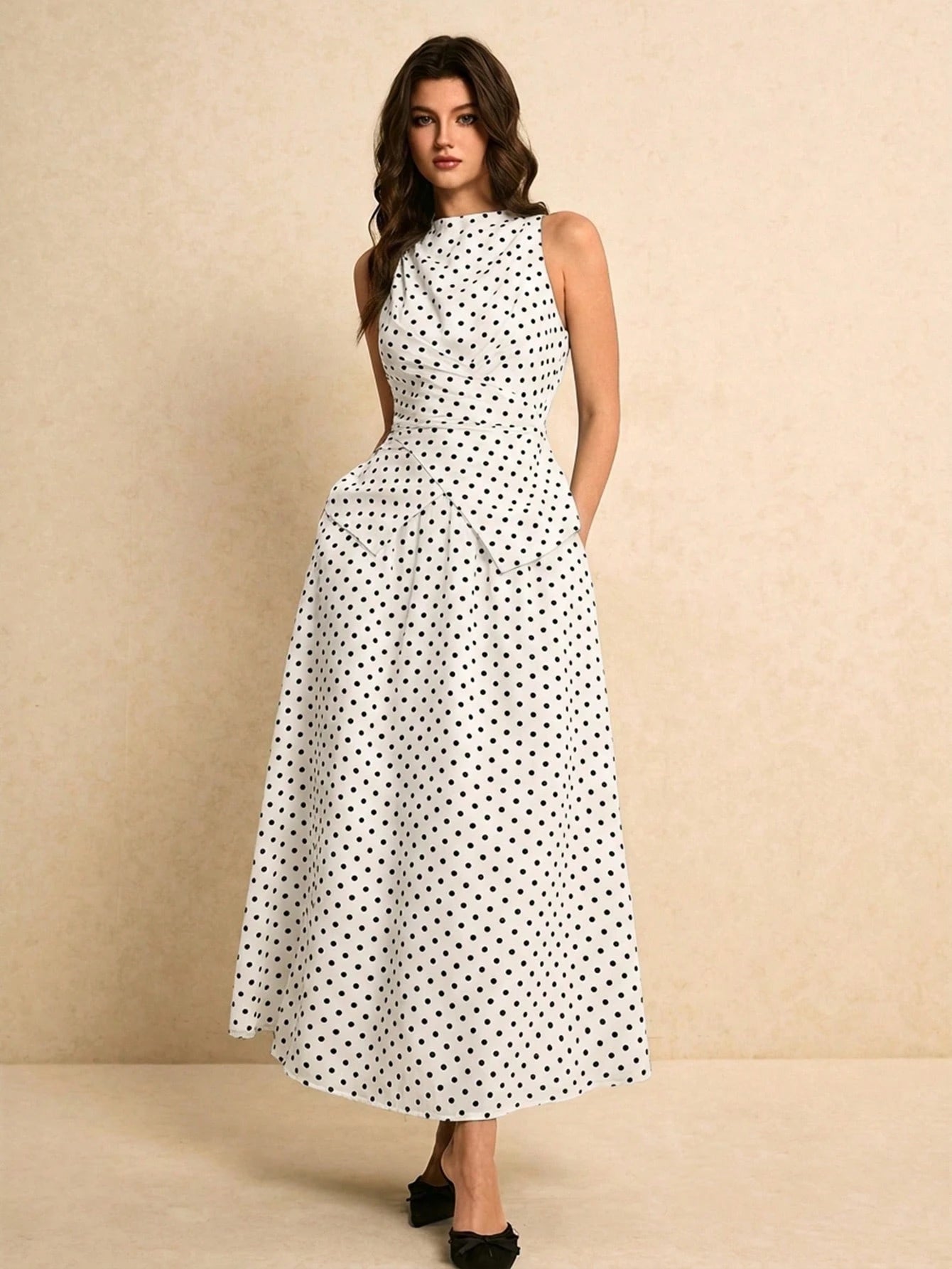 SHEIN Poéselle Women's Polka Dot Pattern Waist Cinched Sleeveless Top And Skirt Elegant 2 Pieces Set Party White With Black Polka Dots Summer