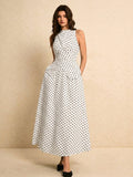 SHEIN Poéselle Women's Polka Dot Pattern Waist Cinched Sleeveless Top And Skirt Elegant 2 Pieces Set Party White With Black Polka Dots Summer