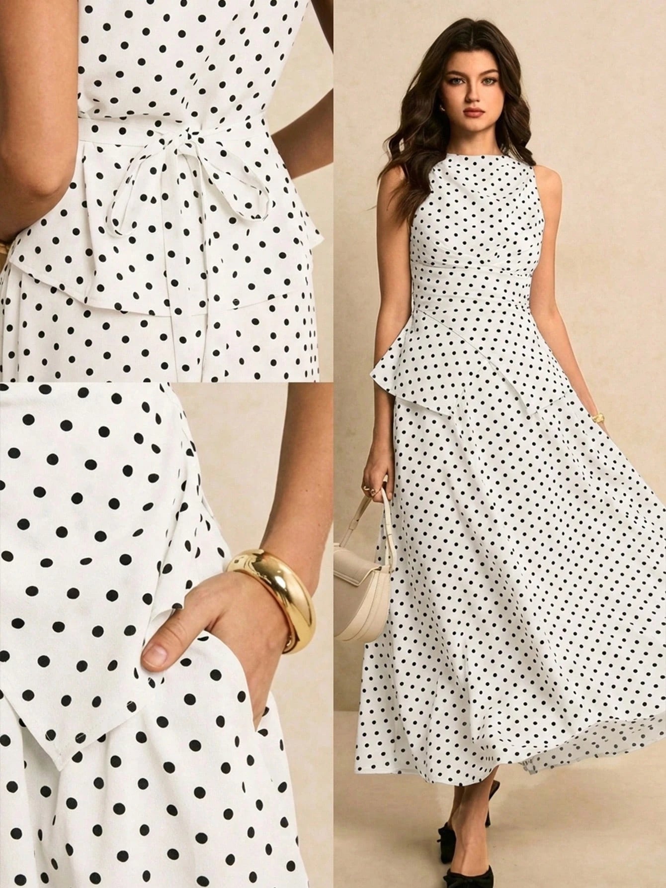 SHEIN Poéselle Women's Polka Dot Pattern Waist Cinched Sleeveless Top And Skirt Elegant 2 Pieces Set Party White With Black Polka Dots Summer