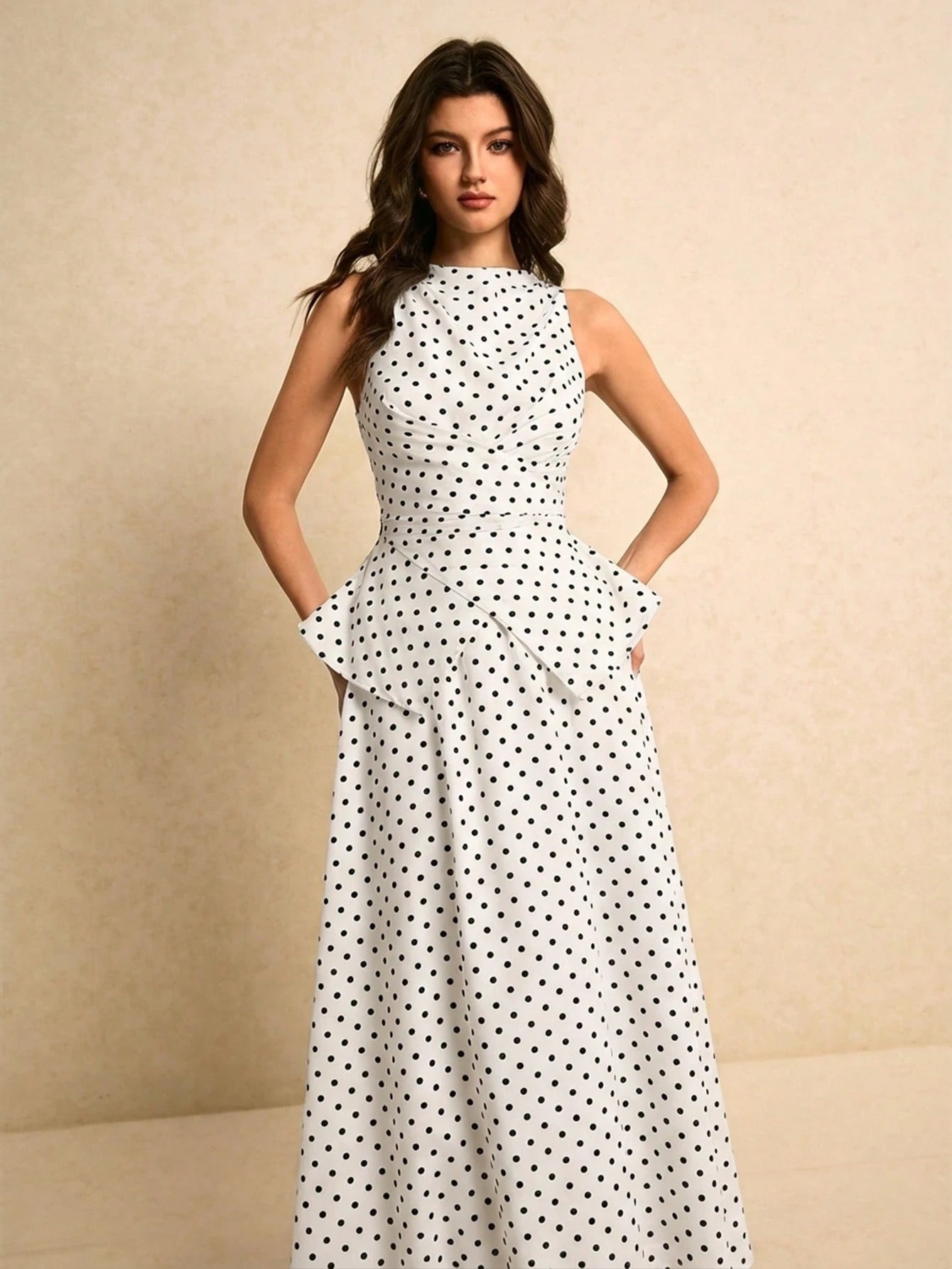 SHEIN Poéselle Women's Polka Dot Pattern Waist Cinched Sleeveless Top And Skirt Elegant 2 Pieces Set Party White With Black Polka Dots Summer
